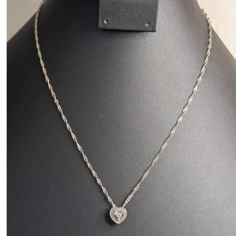 VTG 925 Sterling Silver Diamond Heart Pendant Fancy Sterling 18" Chain Necklace